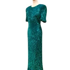 Vintage Womens Formal Dress Large Silk Green Sequin Long Maxi MCM Prom 80s 20s